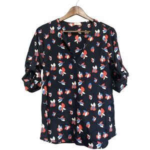 Pixley Women's Navy Blue Floral Print V Neck Roll Tab Sleeve Tunic‎ Top Medium